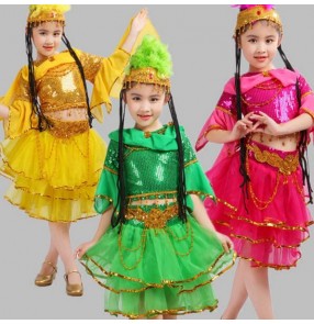 Hot pink yellow gold green sequined paillette girls kids children modern dance Egypt  Indian belly performance dance dresses outfits costumes